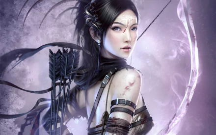 HD wallpaper featuring a fierce Asian woman warrior with tattoos, wielding a bow and arrows. The fantasy archer exudes strength and mystique in an ethereal, misty background.
