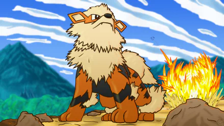 HD desktop wallpaper featuring the Pokémon Arcanine in a majestic stance with flames and a mountainous backdrop.