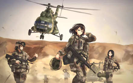 HD anime military desktop wallpaper featuring three armed soldiers in tactical gear with a helicopter flying above in a desert setting.