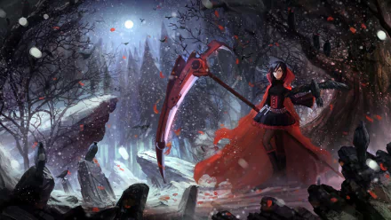 Ruby Rose from RWBY stands in a dark, snowy forest at night, wielding a large scythe, with ravens flying around. The scene is depicted in a detailed, dark anime style.