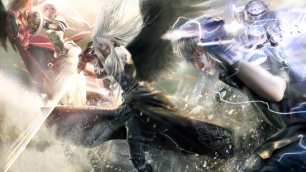 A dynamic HD wallpaper featuring iconic characters Genesis Rhapsodos, Lightning, Sephiroth, and Noctis from the Final Fantasy series, set against a dramatic fantasy backdrop.
