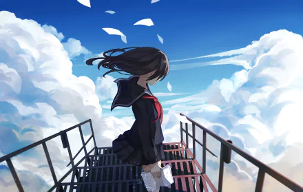 A stunning HD anime original wallpaper featuring a girl in a school uniform standing on a platform surrounded by clouds, with paper fluttering in the wind against a bright blue sky.