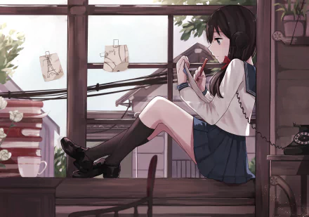 HD anime original desktop wallpaper depicting a girl in a school uniform sitting by a window, surrounded by cozy indoor details and soft natural light.