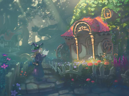 A whimsical scene featuring a blonde witch in a flowing dress, standing in a sunlit forest by a charming hut adorned with flowers and plants, capturing a fantastical anime aesthetic.