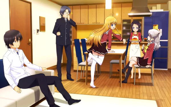 HD desktop wallpaper featuring characters from the anime Charlotte in a kitchen setting. Five characters are interacting casually, creating a warm and lively atmosphere.