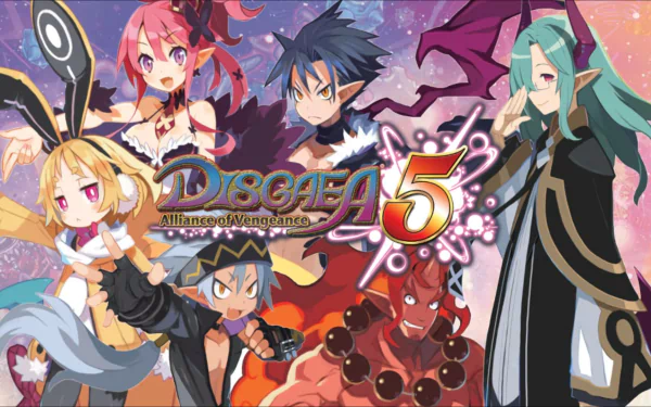 HD PC desktop wallpaper of the video game Disgaea 5: Alliance of Vengeance — colorful anime-style cast posed around the game's logo.