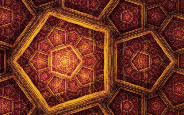 HD desktop wallpaper featuring an abstract fractal pattern of gold and red pentagons creating a rich, intricate geometric design.