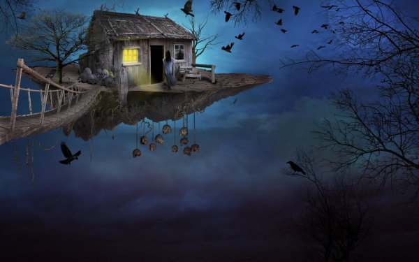 Fantasy House Gothic Skull Sky Raven Floating Island HD Wallpaper | Background Image