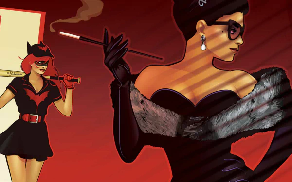 HD PC desktop wallpaper depicting Kate Kane as Batwoman and Catwoman in a stylized comic art style from DC Bombshells, featuring bold colors and dramatic poses.