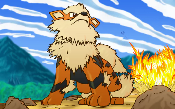 HD desktop wallpaper featuring the Pokémon Arcanine in a majestic stance with flames and a mountainous backdrop.
