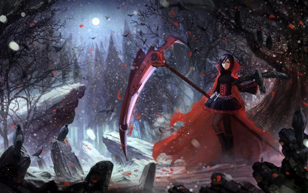Ruby Rose from RWBY stands in a dark, snowy forest at night, wielding a large scythe, with ravens flying around. The scene is depicted in a detailed, dark anime style.