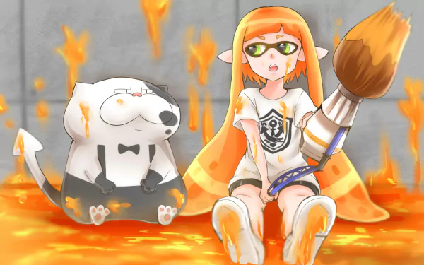 HD desktop wallpaper featuring an orange-haired Splatoon character with pointed ears holding a paintbrush, sitting beside a paint-covered dog in shorts.
