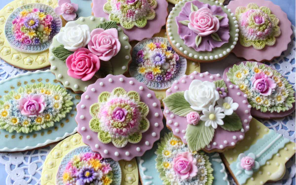 A vibrant display of pastel-colored cookies decorated with intricate floral patterns, featuring roses and daisies, captures the essence of Easter celebrations in a beautiful HD wallpaper.
