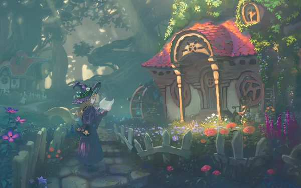 A whimsical scene featuring a blonde witch in a flowing dress, standing in a sunlit forest by a charming hut adorned with flowers and plants, capturing a fantastical anime aesthetic.