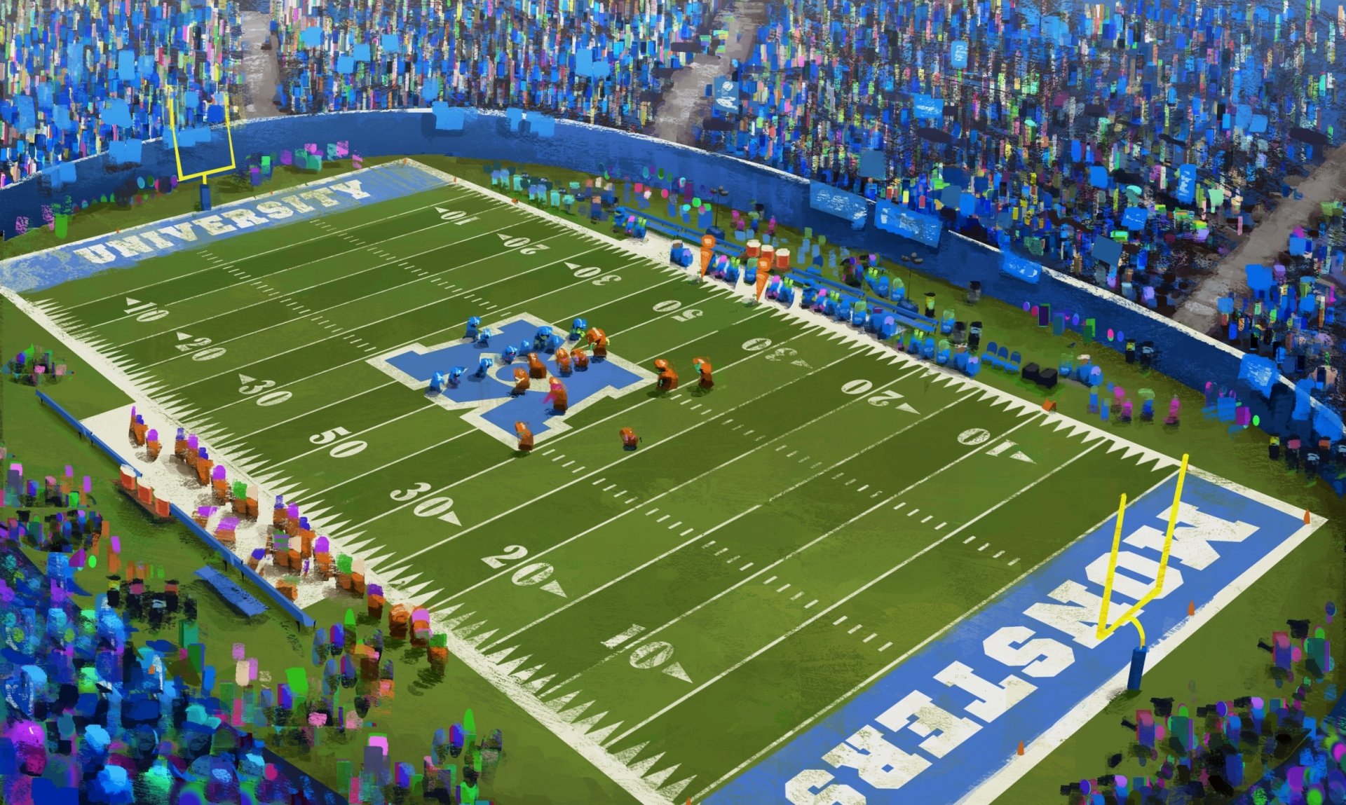 HD PC desktop wallpaper of the movie Monsters University: aerial view of the MU football field, colorful monster fans filling the stands and the MU logo at midfield.