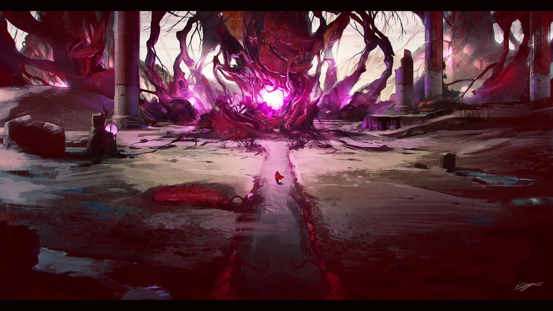 A vivid fantasy scene featuring glowing columns amidst ruins, with an otherworldly entity emanating a bright purple light, creating an enchanting and mysterious atmosphere.