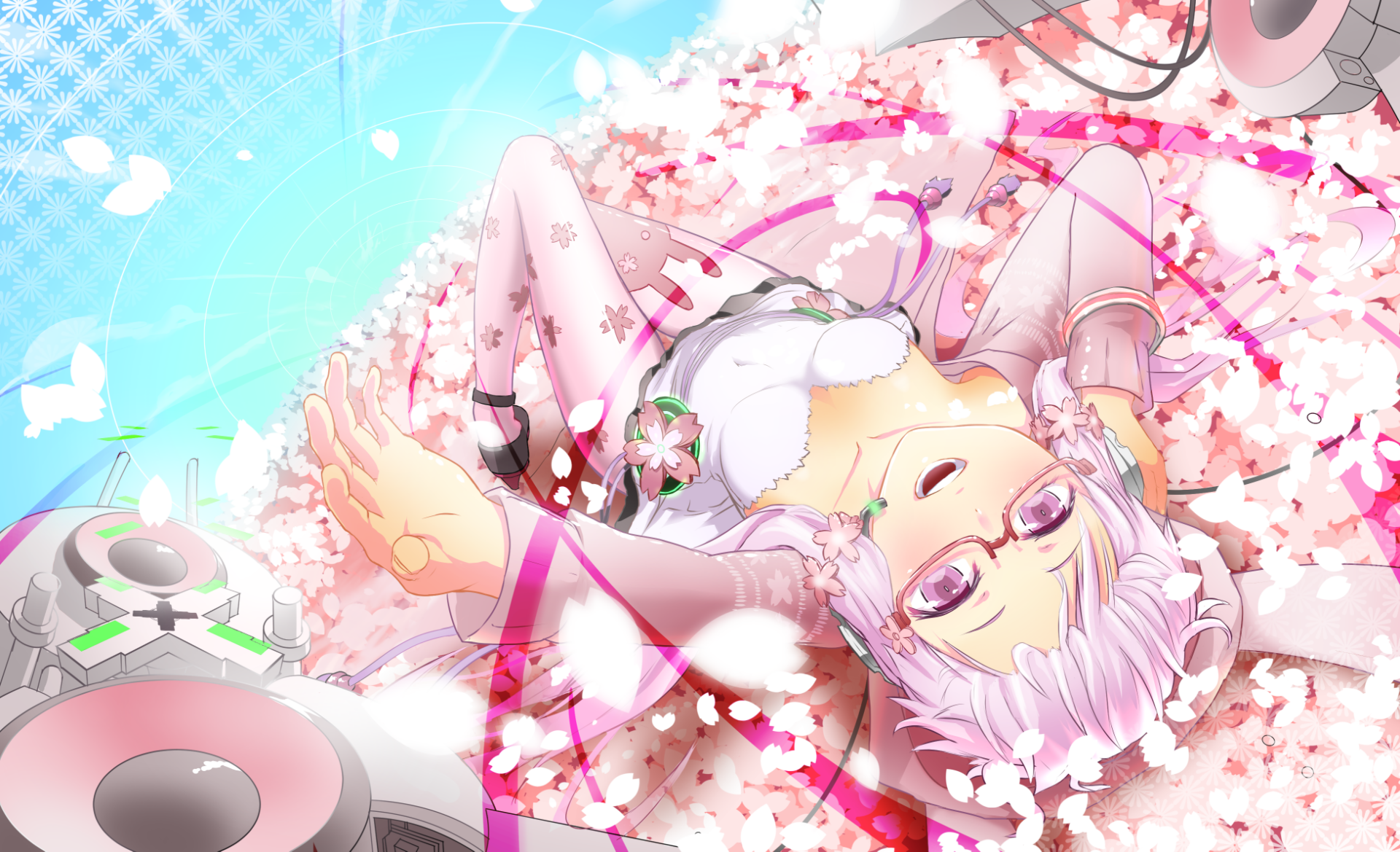 HD PC desktop wallpaper featuring Yuzuki Yukari from Vocaloid, surrounded by cherry blossom petals and futuristic speakers in a vibrant anime style.