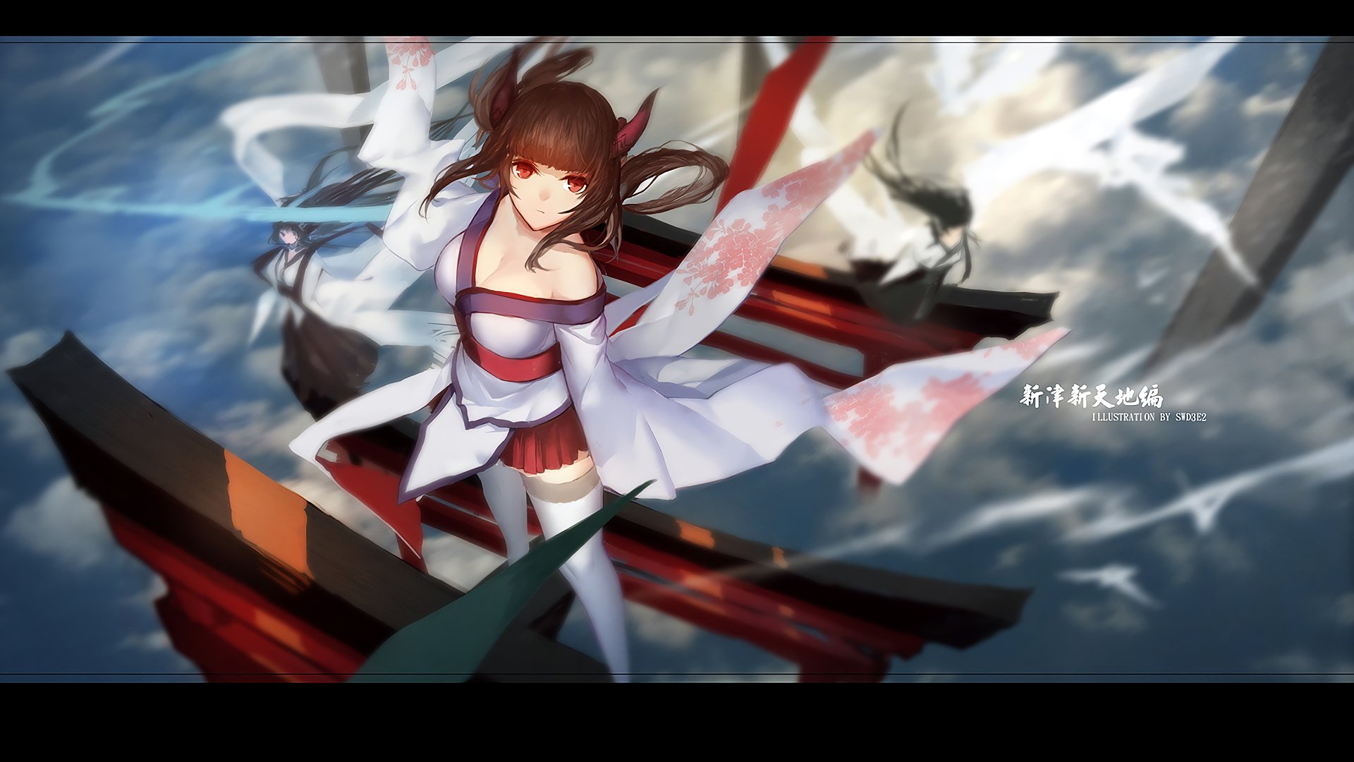 A dynamic anime character with flowing hair and vivid clothing soars through a dramatic sky, surrounded by ethereal ribbons. This HD wallpaper enhances any desktop with its captivating design.