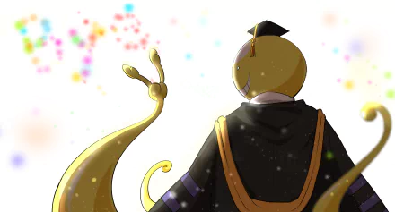 Koro-sensei from Assassination Classroom is depicted in this HD wallpaper, showcasing his graduation attire against a vibrant, celebratory background.