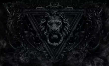 A striking black lion door knocker is featured against a textured dark background, making this HD wallpaper a bold choice for desktop and background use.