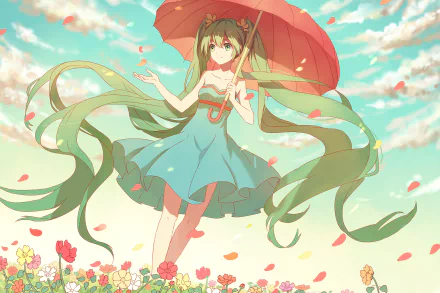 Vibrant HD wallpaper featuring Hatsune Miku, the iconic Vocaloid character, standing in a flower field with an umbrella, surrounded by colorful petals and a serene sky.