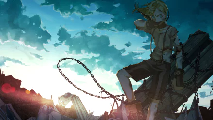 HD PC wallpaper background of Len Kagamine (Vocaloid) in anime style: he stands on wreckage at sunset, clutching a chain beneath a dramatic, cloud-streaked sky.