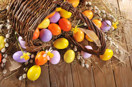 A 4K Ultra HD desktop wallpaper featuring colorful Easter eggs spilling from a woven basket onto a wooden surface, accented with daffodils and spring holiday decor.