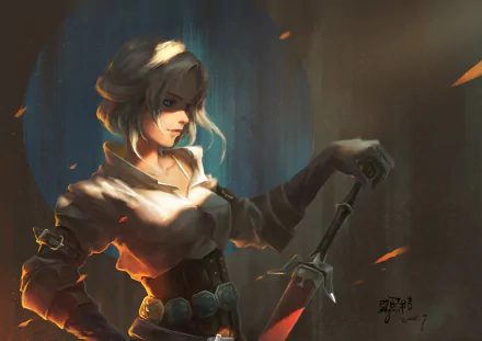 HD wallpaper of Ciri from The Witcher 3: Wild Hunt. The image features a woman warrior with blue eyes and short white hair, holding a sword. The background has a mix of dark, moody colors with glowing accents.