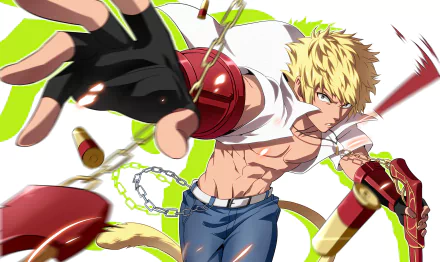 HD PC desktop wallpaper featuring an intense action scene from the anime RWBY, showcasing a blonde character with red mechanical gauntlets in dynamic motion.