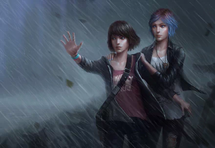 Chloe Price and Max Caulfield stand together in the rain, showcasing their blue and brown hair, respectively, as they navigate a storm. A captivating HD wallpaper from *Life Is Strange*.
