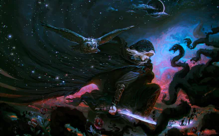 A fantasy warrior wielding a glowing sword, accompanied by an owl, stands ready at night under a starry sky, captured in a vivid HD PC desktop wallpaper.