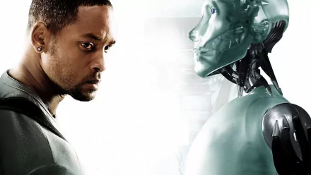 HD PC desktop wallpaper/background from the movie I Robot: a tense face-off between a determined man and a sleek humanoid robot against a bright white background.
