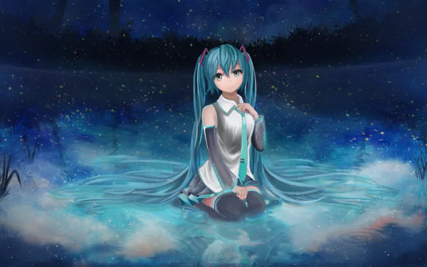 Hatsune Miku, with long blue twintails and striking blue eyes, sits gracefully in a mystical water setting, surrounded by a starry night backdrop, dressed in a stylish skirt and tie.