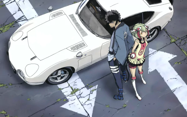 HD wallpaper from Dimension W featuring characters Kyōma Mabuchi and Mira Yurizaki standing next to a white sports car.