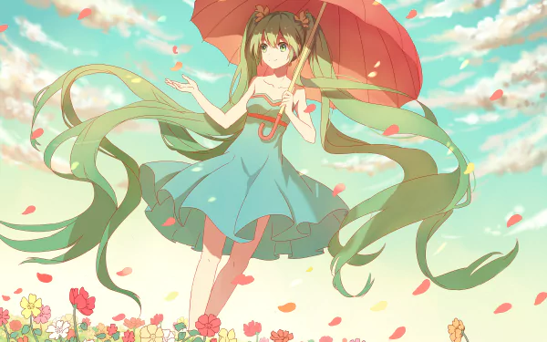 Vibrant HD wallpaper featuring Hatsune Miku, the iconic Vocaloid character, standing in a flower field with an umbrella, surrounded by colorful petals and a serene sky.