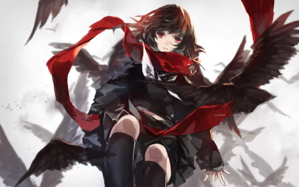 A dynamic HD wallpaper featuring Ayano Tateyama from Kagerou Project, showcasing her black short hair, pink eyes, and a flowing red scarf amidst swirling crows.