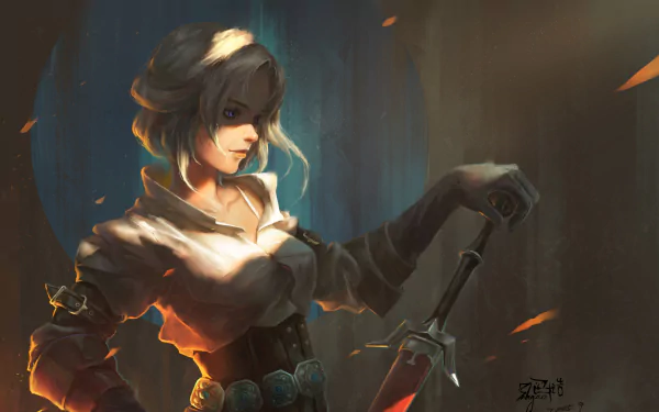 HD wallpaper of Ciri from The Witcher 3: Wild Hunt. The image features a woman warrior with blue eyes and short white hair, holding a sword. The background has a mix of dark, moody colors with glowing accents.