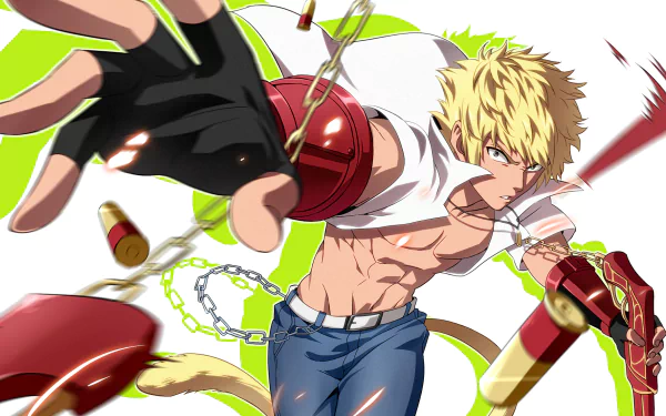 HD PC desktop wallpaper featuring an intense action scene from the anime RWBY, showcasing a blonde character with red mechanical gauntlets in dynamic motion.