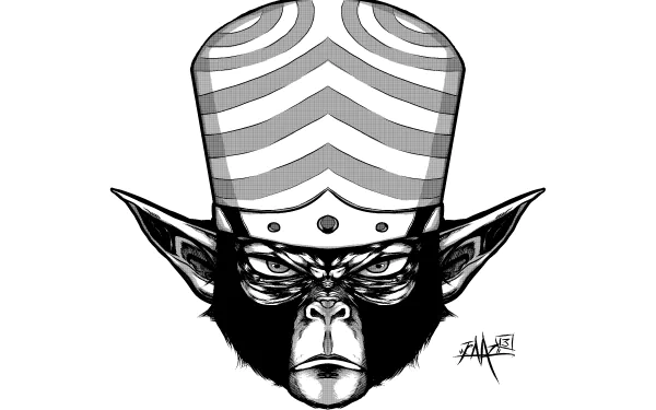 HD wallpaper featuring Mojo Jojo from the TV show The Powerpuff Girls (1998), displayed as a detailed black and white illustration.