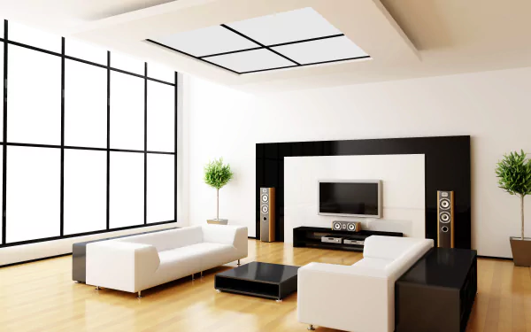 4K Ultra HD PC desktop wallpaper: simple man-made lounge room with white couches, low black coffee table, media wall with TV and large grid window.