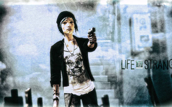 Chloe Price from the video game Life Is Strange, depicted holding a gun with a determined expression, set against a blurred urban background. High-definition wallpaper for PC.