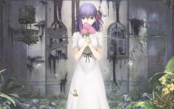 HD wallpaper featuring Sakura Matou from Fate/stay Night Movie: Heaven's Feel, holding pink flowers in a serene, overgrown garden with delicate butterflies fluttering around.