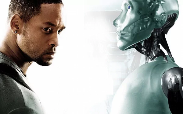 HD PC desktop wallpaper/background from the movie I Robot: a tense face-off between a determined man and a sleek humanoid robot against a bright white background.