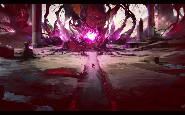 A vivid fantasy scene featuring glowing columns amidst ruins, with an otherworldly entity emanating a bright purple light, creating an enchanting and mysterious atmosphere.