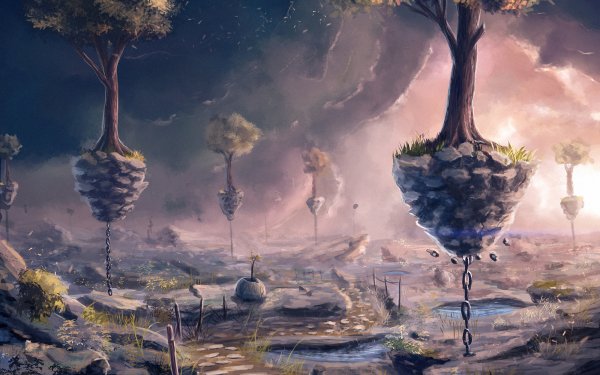 Fantasy Landscape Tree Chain Floating Island HD Wallpaper | Background Image