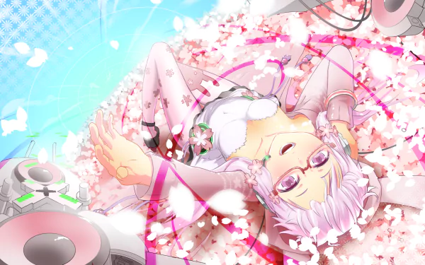 HD PC desktop wallpaper featuring Yuzuki Yukari from Vocaloid, surrounded by cherry blossom petals and futuristic speakers in a vibrant anime style.