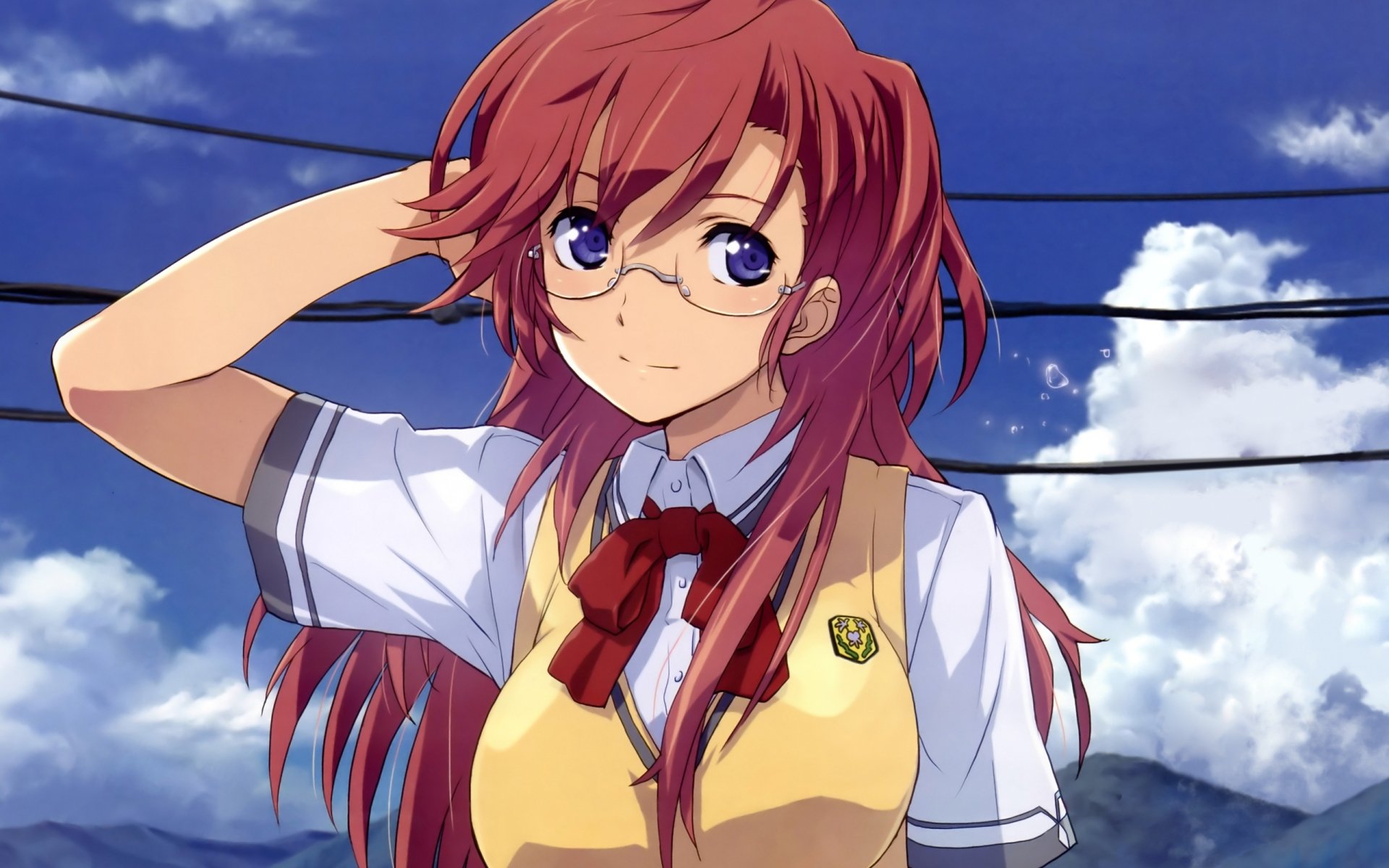 Anime HD PC wallpaper of Ichika Takatsuki from Waiting in the Summer, featuring her adjusting glasses against a vibrant blue sky with clouds and power lines.