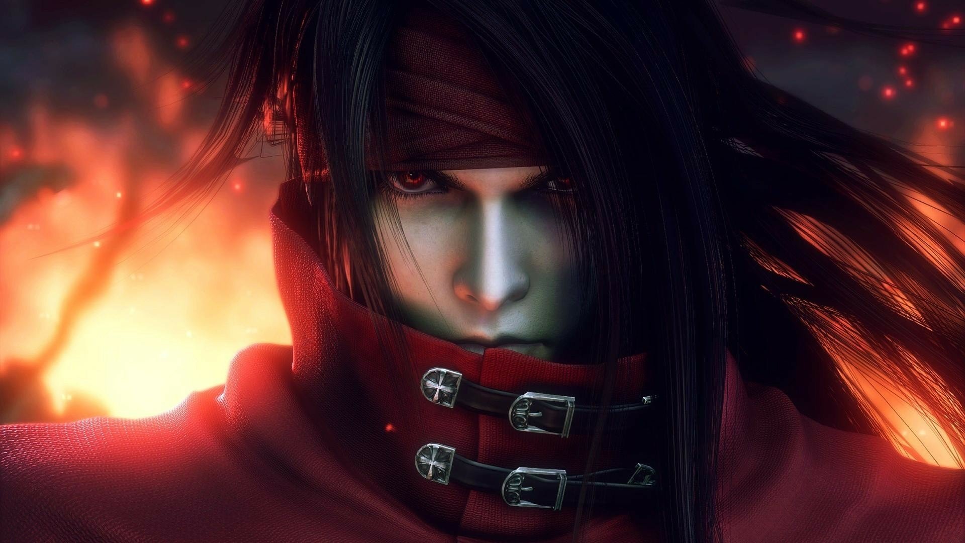 Vincent Valentine from Final Fantasy VII, featuring striking black hair and red eyes, stands against a fiery backdrop in this HD PC desktop wallpaper.