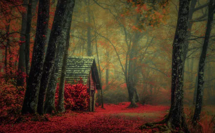 HD PC desktop wallpaper background: foggy red autumn forest with tall trees and a small man-made wooden cabin nestled among crimson leaves.