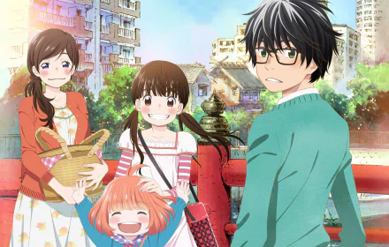 HD wallpaper featuring characters from March Comes in Like a Lion: Akari, Momo, Hinata Kawamoto, and Rei Kiriyama, set against a vibrant urban background.